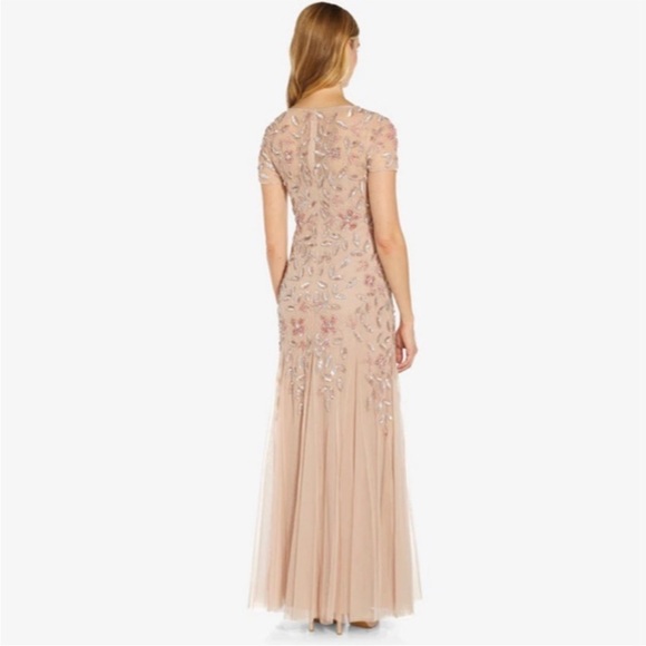Adrianna Papell HAND BEADED SHORT SLEEVE FLORAL GODET GOWN IN BLUSH Size 18W - Picture 3 of 16
